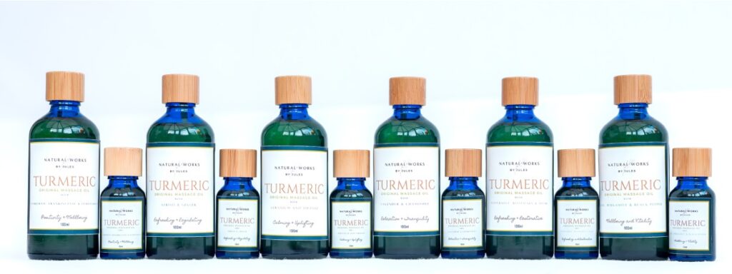 turmeric massage oil natural works 100ml blue glass bottle 15ml blue glass bottle bamboo lid
